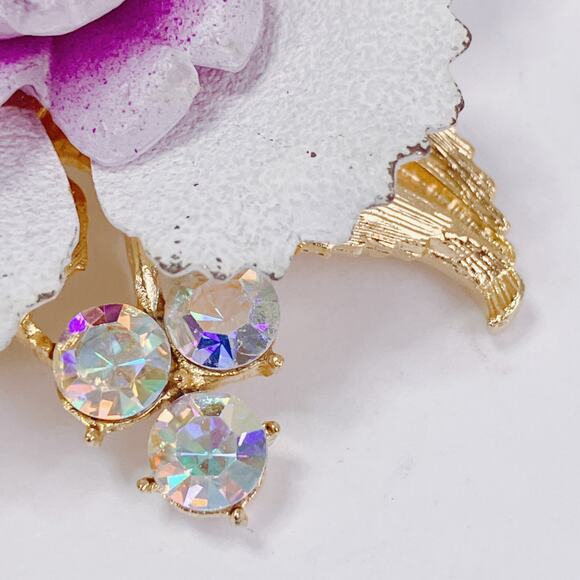 Vintage Mid Century Purple Lucite Enamel Orchid Flower Brooch AB Rhinestones - Picture 8 of 11